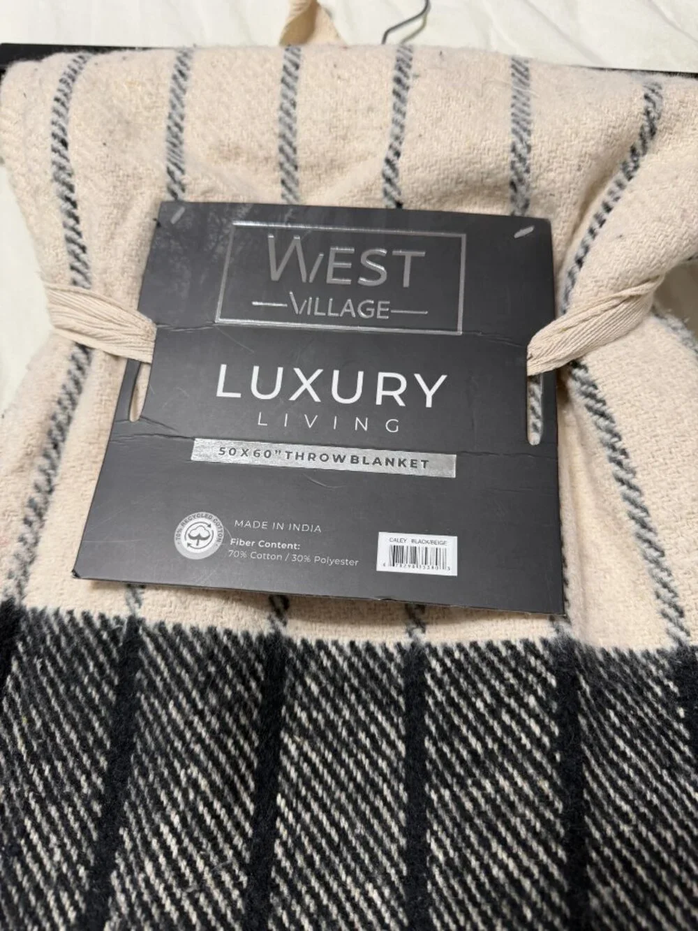 West Village Throw Blanket 50x60 Beige Black Striped Cotton Blend